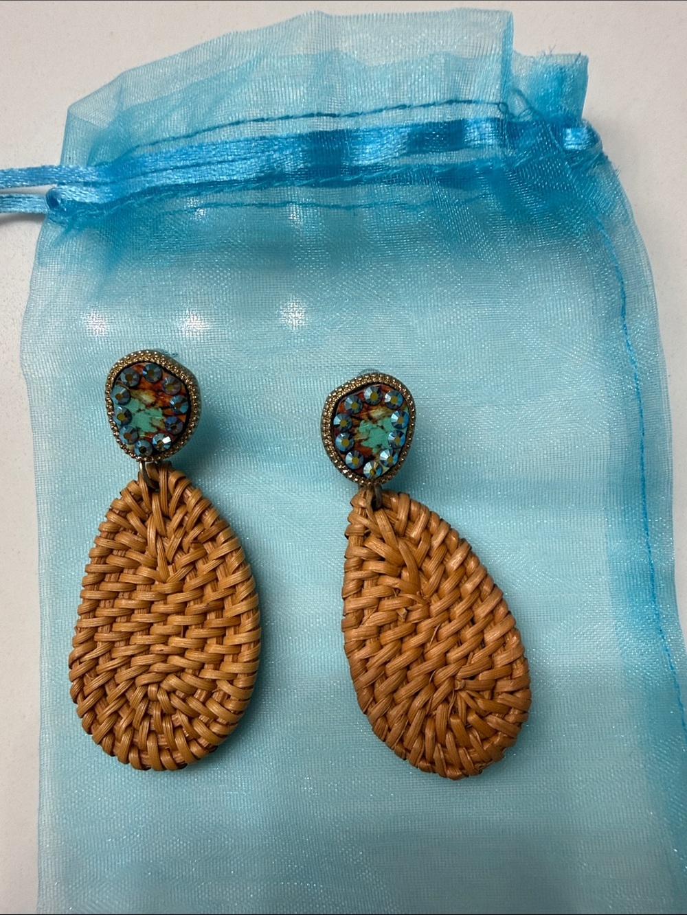 Turquoise Crystal and Woven Teardrop Dangle Earrings